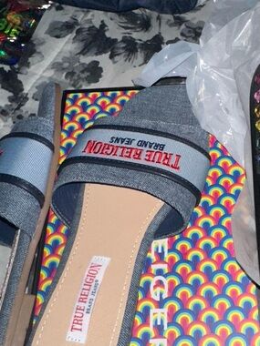 True Religion Denim Slide Mules in Navy with Red Logo